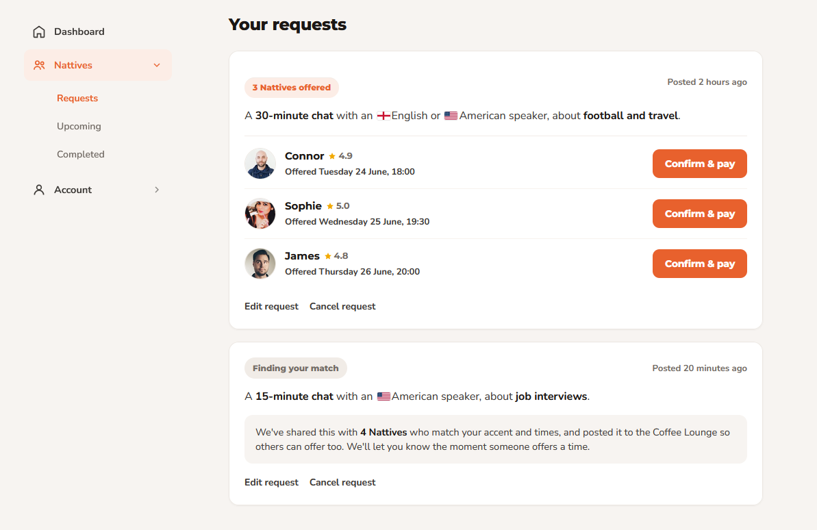 A learner's request with three verified Nattives offering times, each with a rating